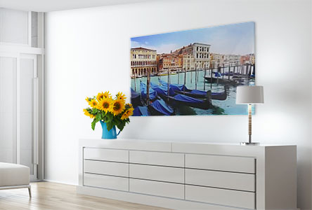 living room boats Venedig photo on acrylic glass